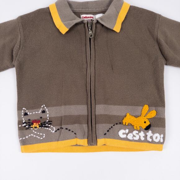 Catimini Cat Polo Knit Zip Sweater Cardigan Brown Yellow Size 12 months (74 cm) - Picture 2 of 8